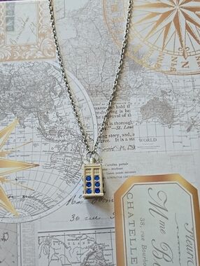 Silver Tardis Pendant Necklace with Blue Stones